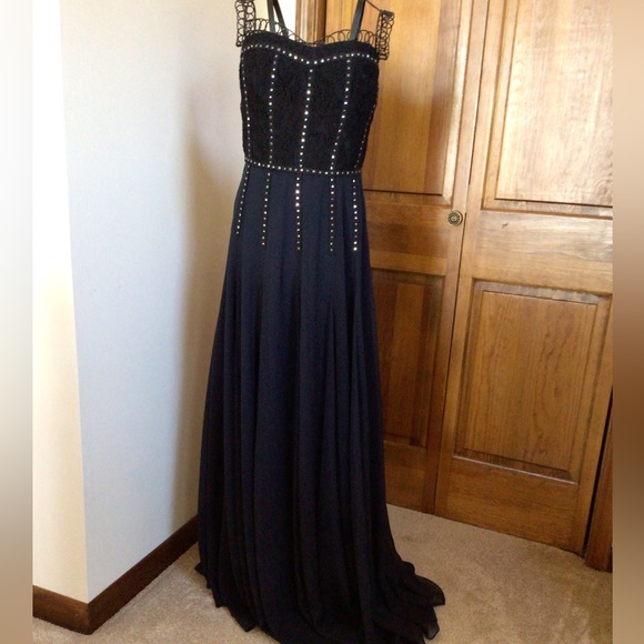 NWT Rebecca Taylor Lace Inset Strapless Gown Navy Blue Silk Maxi Dress - Picture 2 of 10